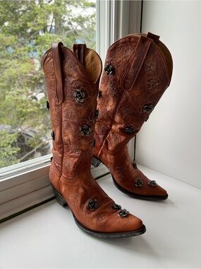 Old Gringo Brown Leather Floral Embroidered Metal Roses Cowboy Boots 7